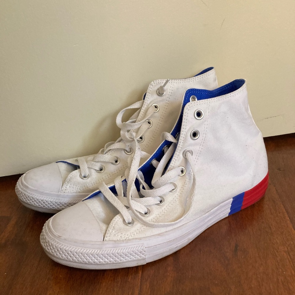 White blue red Converse High Top Size 8.5